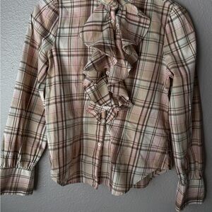 Ralph Lauren Plaid Ruffle Button-Front Blouse in Cream, Pink and Tan